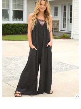 Natural Life V Neck JERSEY KNIT CHARCOAL Wide-Leg Jumpsuit, pockets OS L-3X VGUC